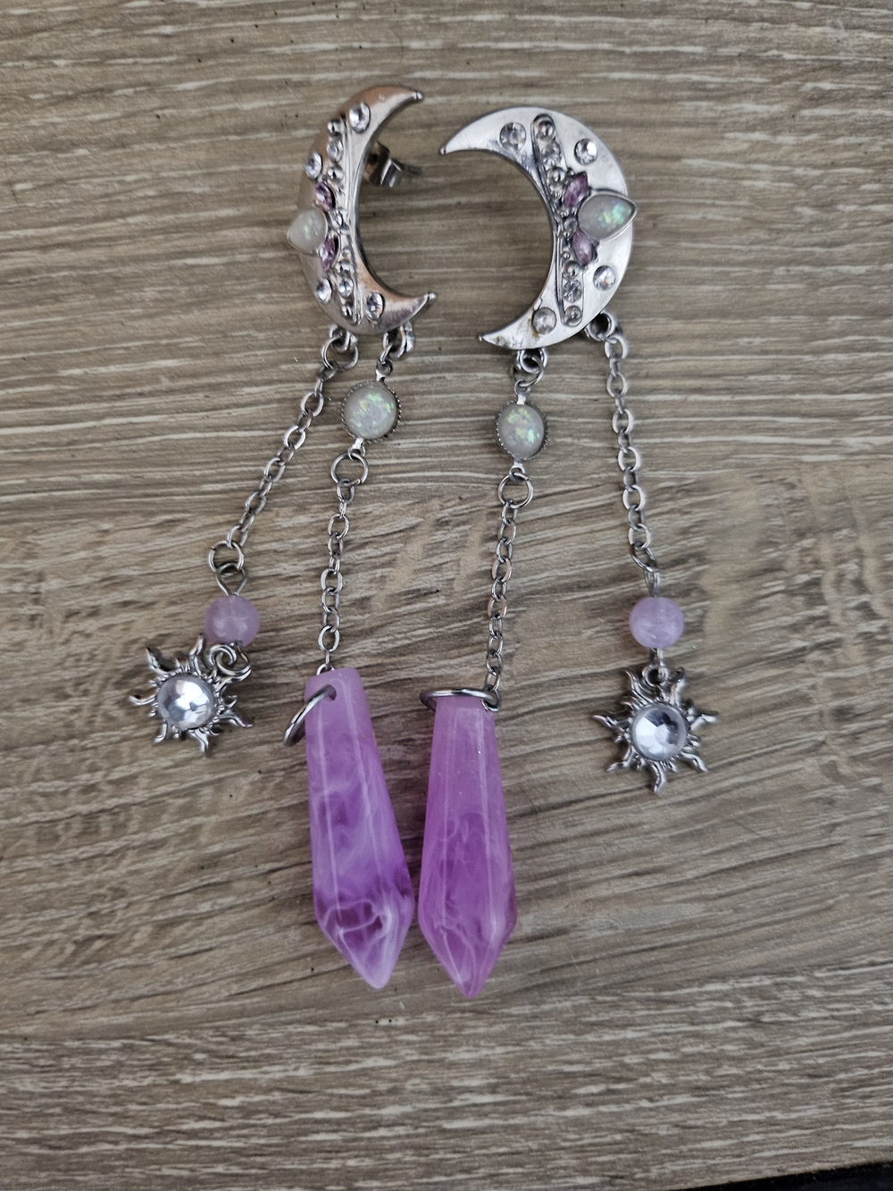 Silver Moon & Purple Crystal Drop Earrings